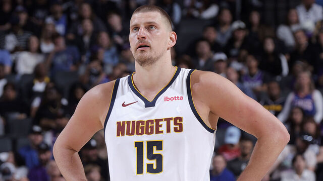 SACRAMENTO, CA - APRIL 9: Nikola Jokic #15 of the Denver Nuggets looks on during the game against the Sacramento Kings on April 9, 2025 at Golden 1 Center in Sacramento, California. Mandatory Copyright Notice: Copyright 2025 NBAE
