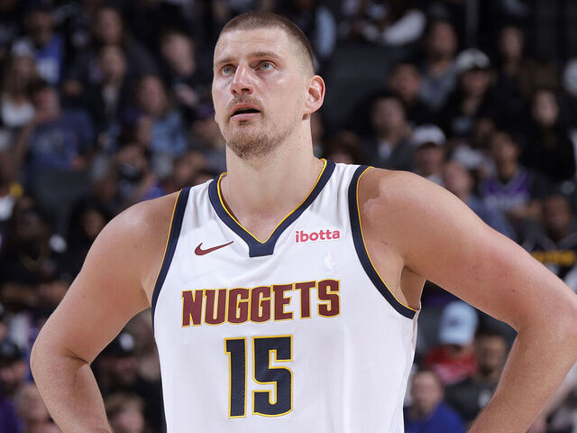 SACRAMENTO, CA - APRIL 9: Nikola Jokic #15 of the Denver Nuggets looks on during the game against the Sacramento Kings on April 9, 2025 at Golden 1 Center in Sacramento, California. Mandatory Copyright Notice: Copyright 2025 NBAE