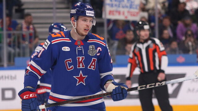 SAINT PETERSBURG, RUSSIA - 2025/04/06: Alexander Nikishin (21) of SKA Hockey Club seen in action during the Hockey match, Kontinental Hockey League 2024/2025, Gagarin Cup 1/8 finals, 6 match, between SKA Saint Petersburg and Dynamo Moscow at the SKA Arena. (Final score; SKA Saint Petersburg 2:5 Dynamo Moscow, The score in the series: SKA Saint Petersburg 2:4 Dynamo Moscow).