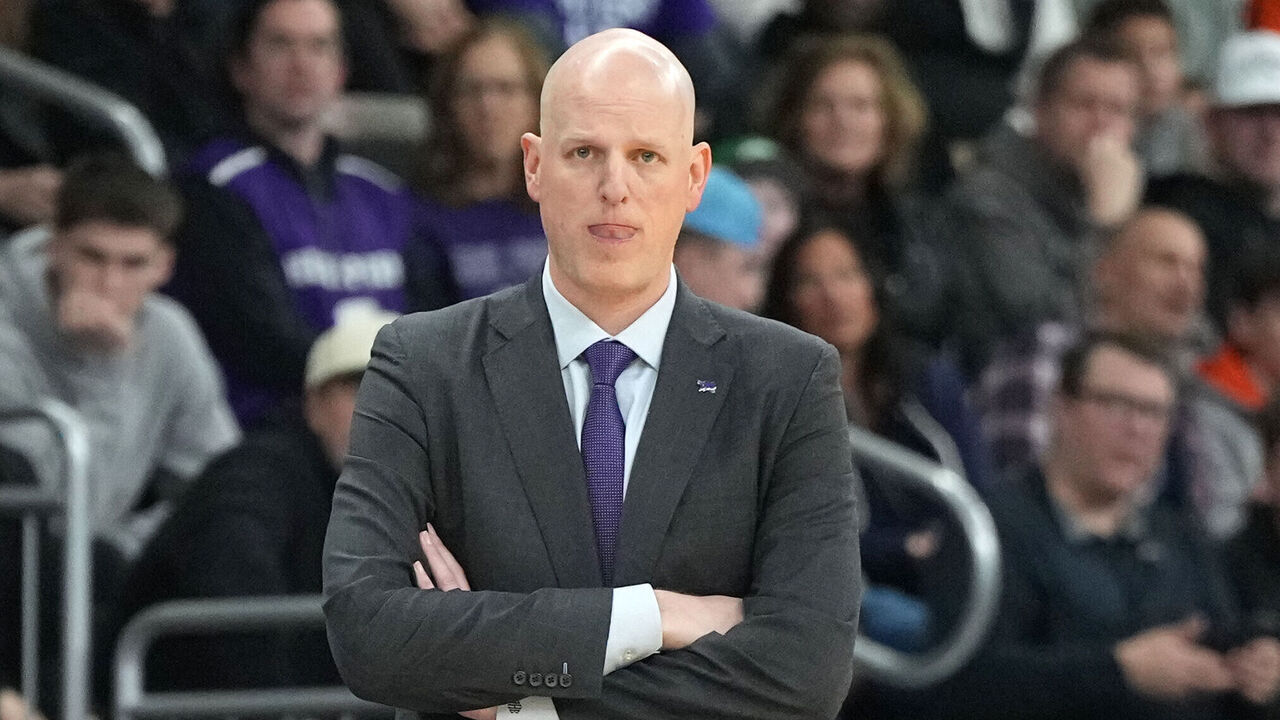 PROVIDENCE, RHODE ISLAND - MARCH 20: Head coach Alan Huss of the High Point Panthers looks on dribbles up court during a first-round game against the Purdue Boilermakers in the NCAA Men's Basketball Tournament at Amica Mutual Pavillion on March 20, 2025 in Providence, Rhode Island.