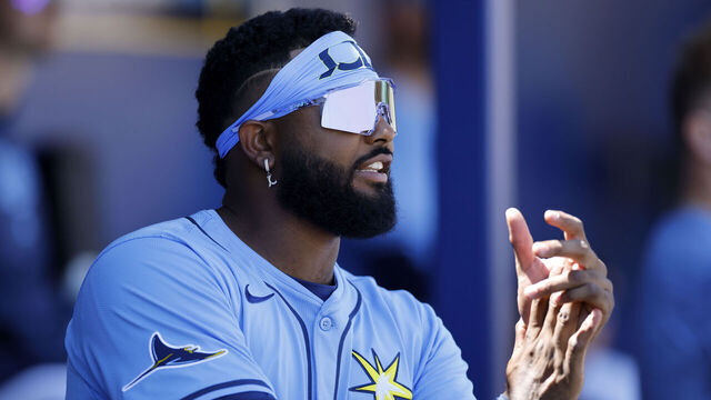 PORT CHARLOTTE, FL - MARCH 19: Tampa Bay Rays third baseman Junior Caminero (13) reacts from the dugout during an MLB Spring Training baseball game against the Pittsburgh Pirates on March 19, 2025 at Charlotte Sports Park in Port Charlotte, Florida.