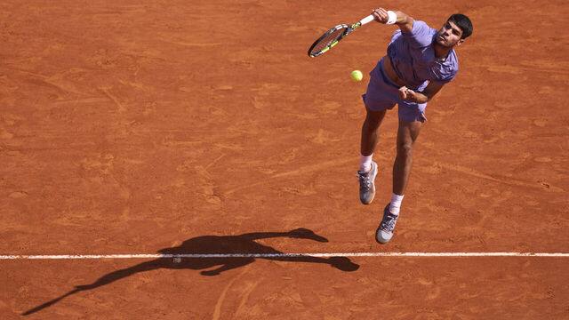 MONTE-CARLO, MONACO - APRIL 10: Carlos Alcaraz of Spain serves during his match against Daniel Altmaier of Germany in the Men's Singles Third Round Match during Day Five of the Rolex Monte-Carlo Masters at Monte-Carlo Country Club on April 10, 2025 in Monte-Carlo, Monaco.