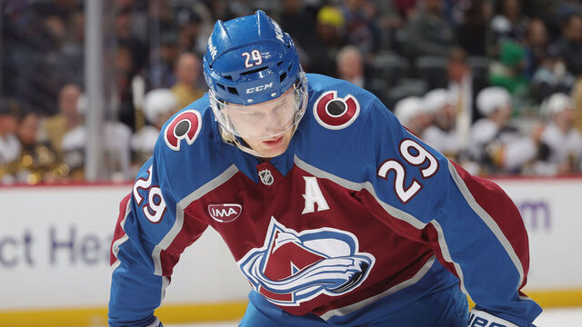 DENVER, COLORADO - APRIL 08: Nathan MacKinnon #29 of the Colorado Avalanche awaits a faceoff against the Vegas Golden Knights at Ball Arena on April 8, 2025 in Denver, Colorado.