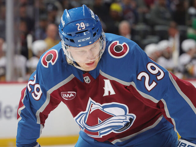 DENVER, COLORADO - APRIL 08: Nathan MacKinnon #29 of the Colorado Avalanche awaits a faceoff against the Vegas Golden Knights at Ball Arena on April 8, 2025 in Denver, Colorado.