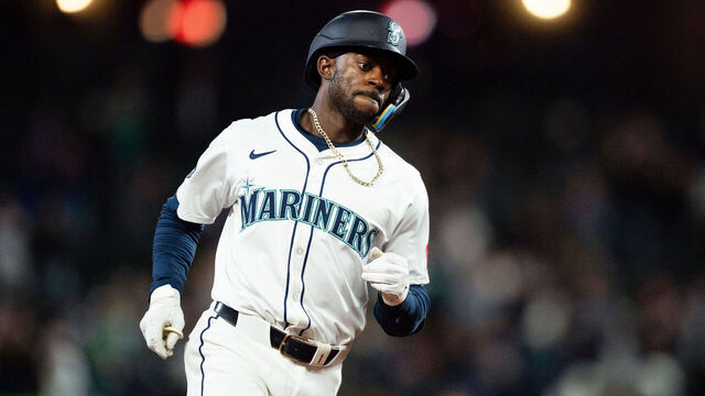 SEATTLE, WA - APRIL 07: Ryan Bliss #1 of the Seattle Mariners rounds the bases after hitting a home run during the game between the Houston Astros and the Seattle Mariners at T-Mobile Park on Monday, April 7, 2025 in Seattle, Washington.