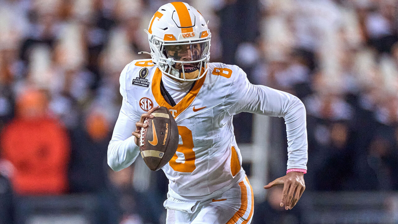 COLUMBUS, OHIO - DECEMBER 21: Quarterback Nico Iamaleava #8 of the Tennessee Volunteers runs with the football in action during the College Football Playoff First Round game between the Tennessee Volunteers and the Ohio State Buckeyes at Ohio Stadium on December 21, 2024 in Columbus, Ohio.