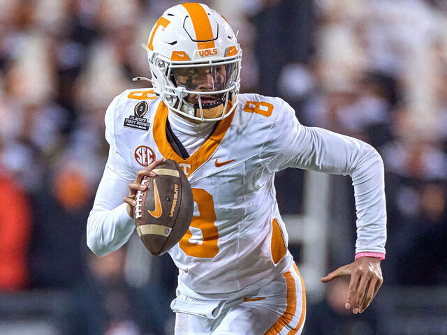 COLUMBUS, OHIO - DECEMBER 21: Quarterback Nico Iamaleava #8 of the Tennessee Volunteers runs with the football in action during the College Football Playoff First Round game between the Tennessee Volunteers and the Ohio State Buckeyes at Ohio Stadium on December 21, 2024 in Columbus, Ohio.