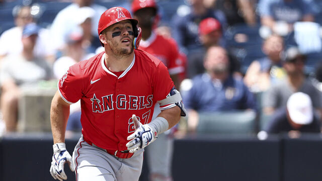 TAMPA, FLORIDA - APRIL 10: Mike Trout #27 of the Los Angeles Angels hits a two-run home run during the fifth inning of a game against the Tampa Bay Rays at George M. Steinbrenner Field on April 10, 2025 in Tampa, Florida.