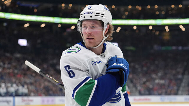 COLUMBUS, OHIO - MARCH 28: Brock Boeser #6 of the Vancouver Canucks celebrates a goal during the first period against the Columbus Blue Jackets at Nationwide Arena on March 28, 2025 in Columbus, Ohio.