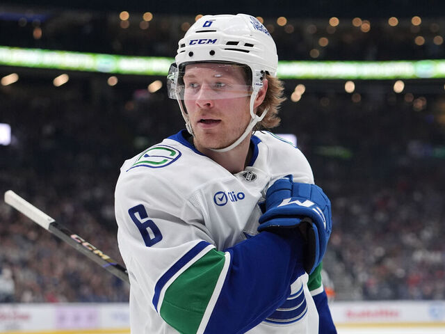 COLUMBUS, OHIO - MARCH 28: Brock Boeser #6 of the Vancouver Canucks celebrates a goal during the first period against the Columbus Blue Jackets at Nationwide Arena on March 28, 2025 in Columbus, Ohio.