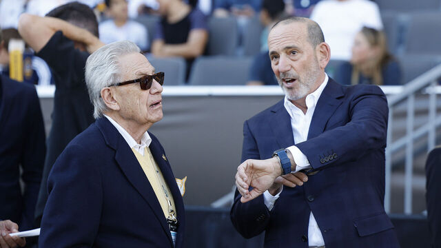 CARSON, CALIFORNIA - DECEMBER 07: Owner of Los Angeles Galaxy Philip Anschutz and MLS Commissioner Don Garber prior the 2024 MLS Cup Final at Dignity Health Sports Park on December 07, 2024 in Carson, California.