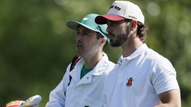 AUGUSTA, GEORGIA - APRIL 10: Amateur Jose Luis Ballester of Spain and caddie Javier Erviti Isturiz look on from the fourth hole during the first round of the 2025 Masters Tournament at Augusta National Golf Club on April 10, 2025 in Augusta, Georgia.