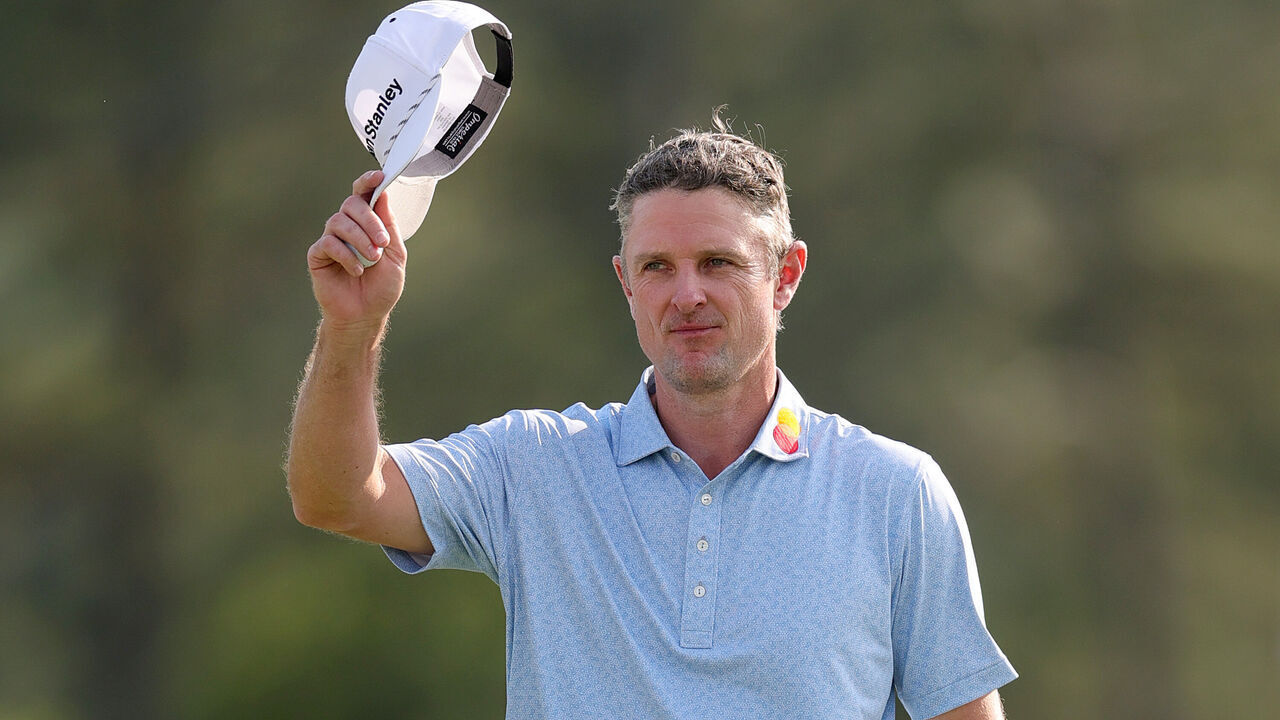 AUGUSTA, GEORGIA - APRIL 10: Justin Rose of England reacts after finishing the 18th hole during the first round of the 2025 Masters Tournament at Augusta National Golf Club on April 10, 2025 in Augusta, Georgia.