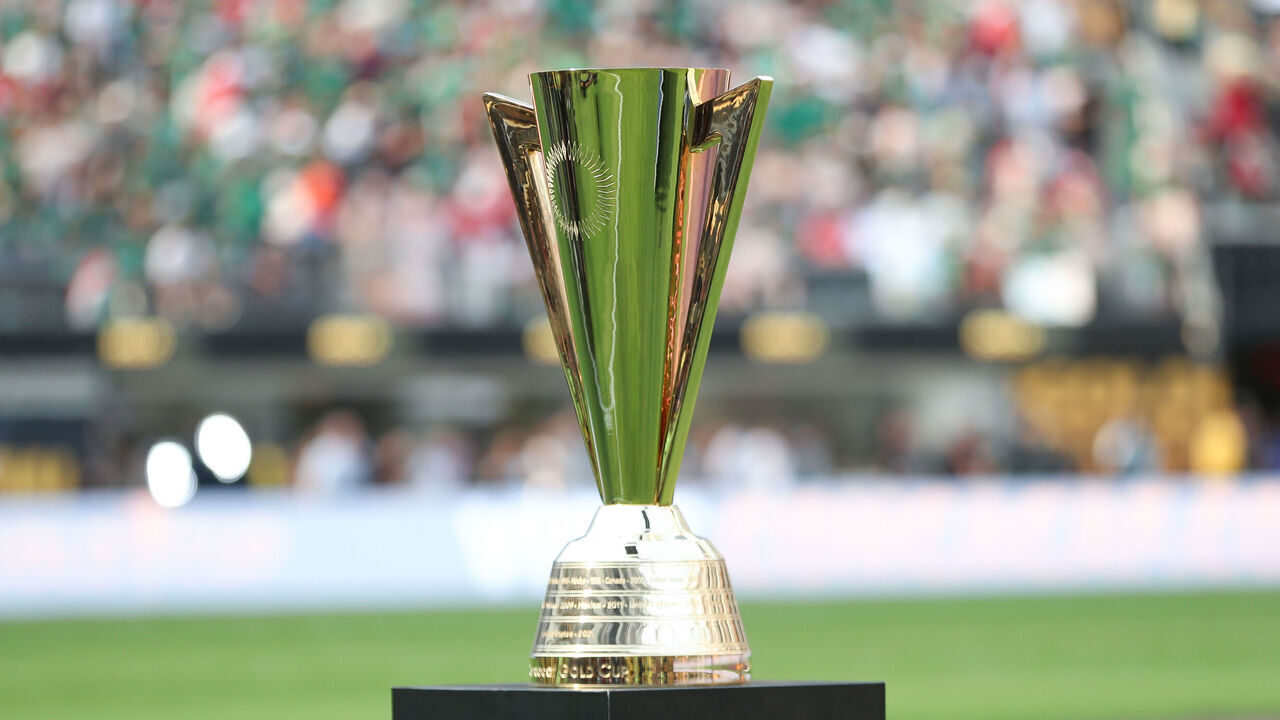 INGLEWOOD, CALIFORNIA - JULY 16: The Championship trophy is displayed during the Concacaf Gold Cup final match between Mexico and Panama at SoFi Stadium on July 16, 2023 in Inglewood, California.