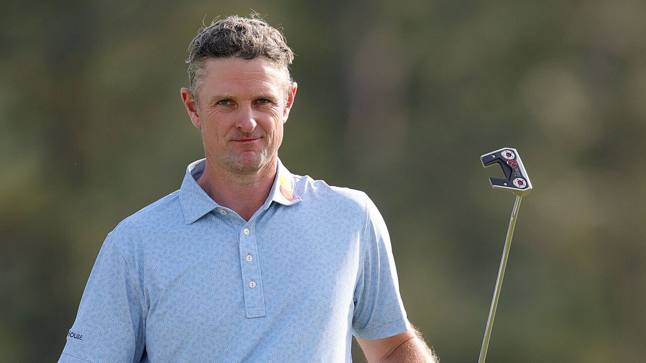 AUGUSTA, GEORGIA - APRIL 10: Justin Rose of England reacts after finishing the 18th hole during the first round of the 2025 Masters Tournament at Augusta National Golf Club on April 10, 2025 in Augusta, Georgia.