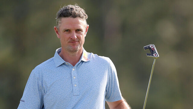 AUGUSTA, GEORGIA - APRIL 10: Justin Rose of England reacts after finishing the 18th hole during the first round of the 2025 Masters Tournament at Augusta National Golf Club on April 10, 2025 in Augusta, Georgia.