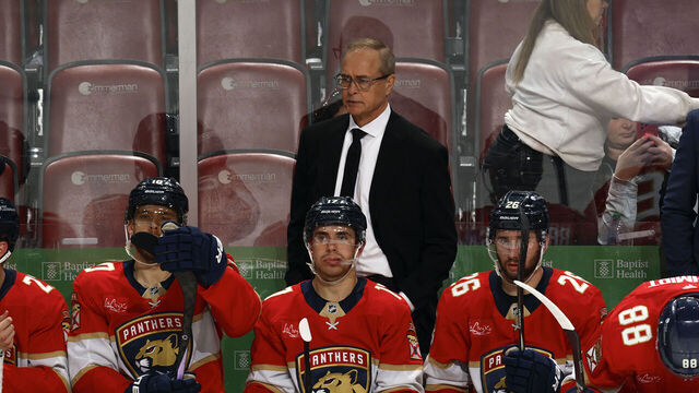 SUNRISE, FL - MARCH 23: Head coach Paul Maurice of the Florida Panthers looks on during overtime action against the Pittsburgh Penguins at the Amerant Bank Arena on March 23, 2025 in Sunrise, Florida.