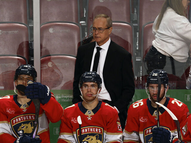 SUNRISE, FL - MARCH 23: Head coach Paul Maurice of the Florida Panthers looks on during overtime action against the Pittsburgh Penguins at the Amerant Bank Arena on March 23, 2025 in Sunrise, Florida.