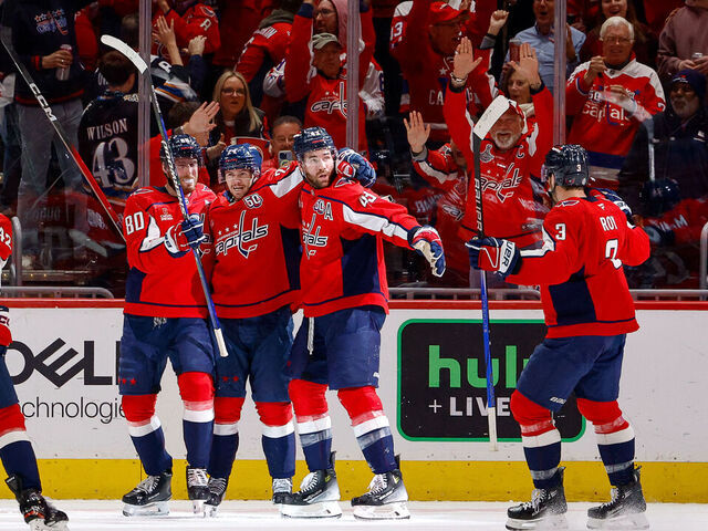 WASHINGTON, DC - APRIL 10: Tom Wilson #43 of the Washington Capitals celebrates a second period goal during a game against the Carolina Hurricanes at Capital One Arena on April 10, 2025 in Washington, D.C.