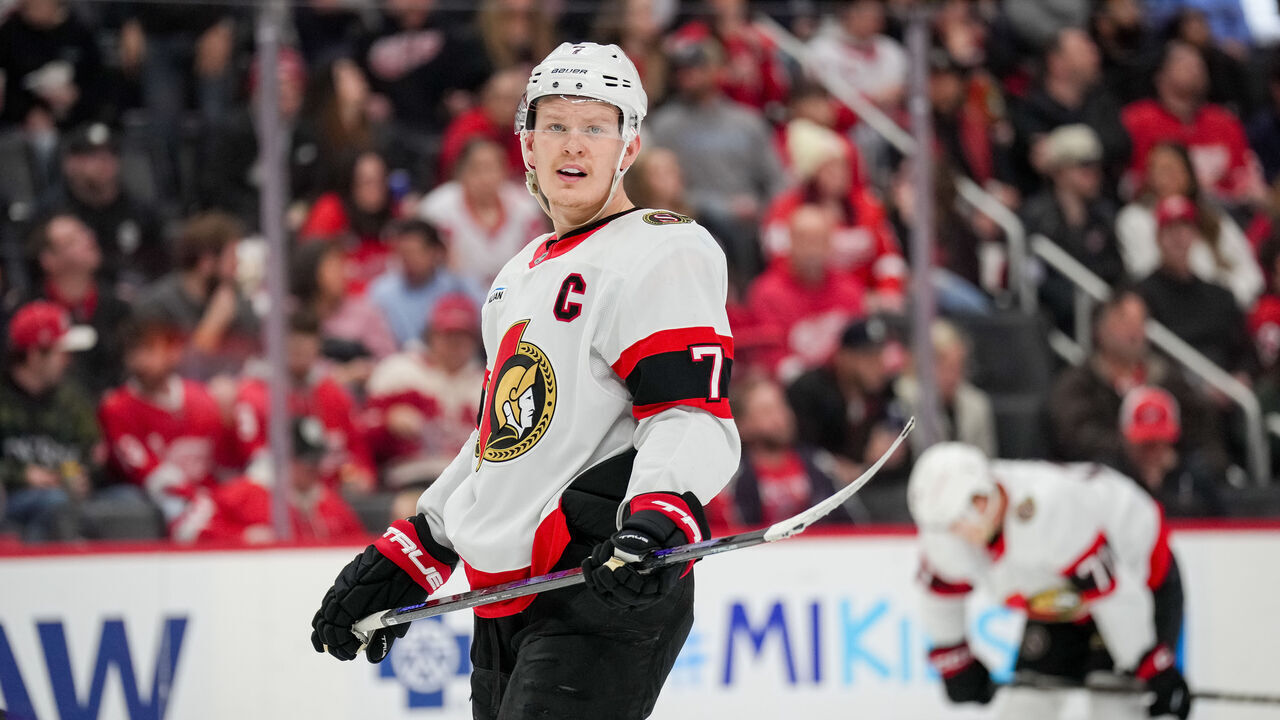 DETROIT, MICHIGAN - MARCH 27: Brady Tkachuk #7 of the Ottawa Senators looks on against the Detroit Red Wings at Little Caesars Arena on March 27, 2025 in Detroit, Michigan.