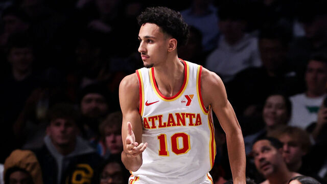 NEW YORK, NEW YORK - APRIL 10: Zaccharie Risacher #10 of the Atlanta Hawks reacts after making a three pointer during the second quarter of the game against the Brooklyn Nets at Barclays Center on April 10, 2025 in New York City.