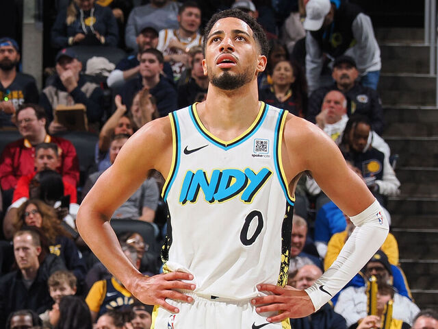 INDIANAPOLIS, IN - APRIL 10: Tyrese Haliburton #0 of the Indiana Pacers looks on during the game against the Cleveland Cavaliers on April 10, 2025 at Gainbridge Fieldhouse in Indianapolis, Indiana. Mandatory Copyright Notice: Copyright 2025 NBAE