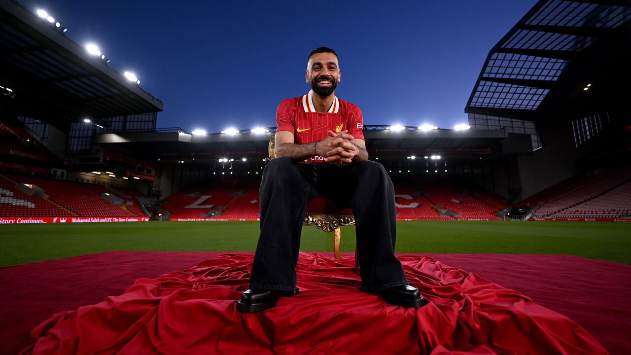 LIVERPOOL, ENGLAND - APRIL 11: (THE SUN OUT, THE SUN ON SUNDAY OUT) Mohamed Salah of Liverpool signs a new contract extension at Anfield on April 11, 2025 in Liverpool, England.