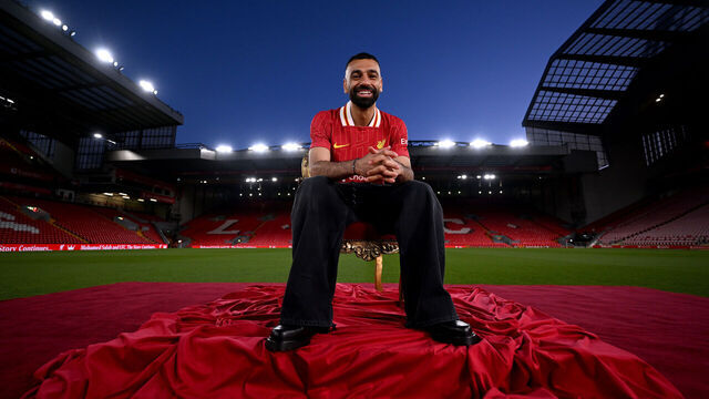 LIVERPOOL, ENGLAND - APRIL 11: (THE SUN OUT, THE SUN ON SUNDAY OUT) Mohamed Salah of Liverpool signs a new contract extension at Anfield on April 11, 2025 in Liverpool, England.