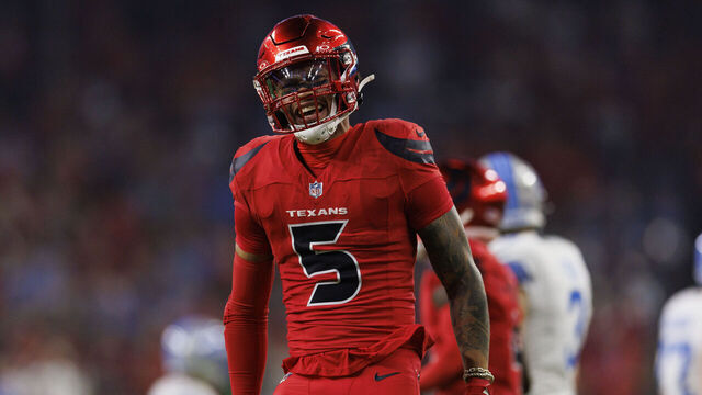 HOUSTON, TEXAS - NOVEMBER 10: Safety Jalen Pitre #5 of the Houston Texans celebrates during an NFL game against the Detroit Lions at NRG Stadium on November 10, 2024 in Houston, Texas.