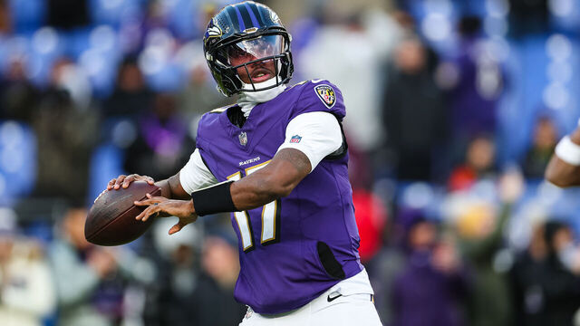 BALTIMORE, MD - JANUARY 04: Josh Johnson #17 of the Baltimore Ravens attempts a pass before the game against the Cleveland Browns at M&T Bank Stadium on January 4, 2025 in Baltimore, Maryland.