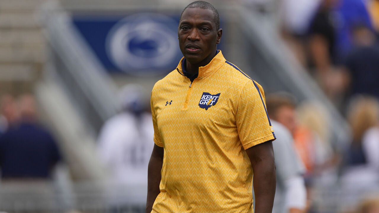 UNIVERSITY PARK, PA - SEPTEMBER 21: Kent State Golden Flashes Head Coach Kenni Burns prior to the College Football game between the Kent State Golden Flashes and the Penn State Nittany Lions on September 21, 2024, at Beaver Stadium in University Park, PA.