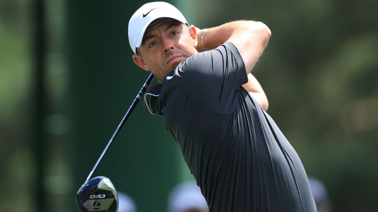AUGUSTA, GEORGIA - APRIL 11: Rory McIlroy of Northern Ireland tees off on the 18th hole during the second round of the 2025 Masters Tournament at Augusta National Golf Club on April 11, 2025 in Augusta, Georgia.