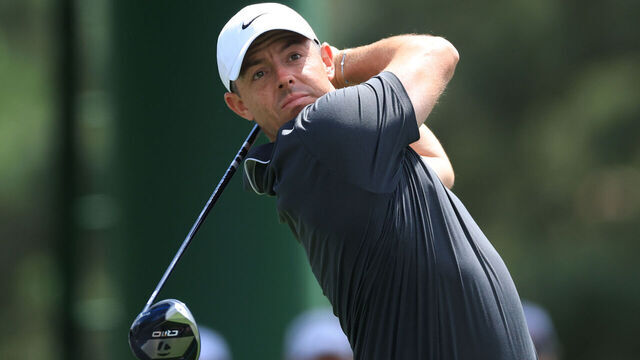 AUGUSTA, GEORGIA - APRIL 11: Rory McIlroy of Northern Ireland tees off on the 18th hole during the second round of the 2025 Masters Tournament at Augusta National Golf Club on April 11, 2025 in Augusta, Georgia.