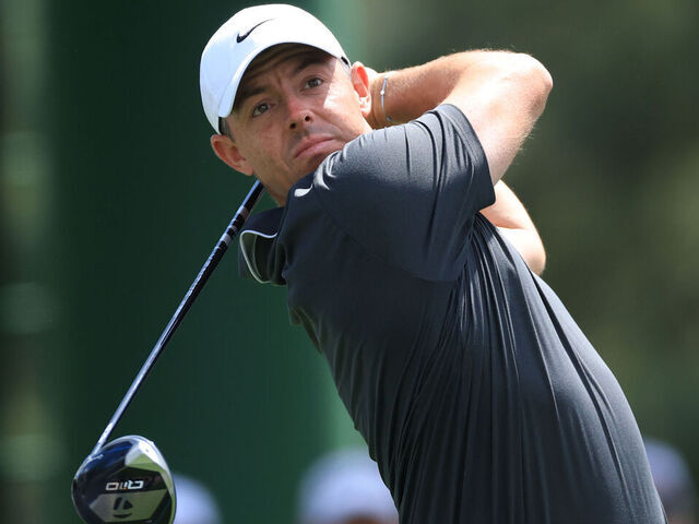 AUGUSTA, GEORGIA - APRIL 11: Rory McIlroy of Northern Ireland tees off on the 18th hole during the second round of the 2025 Masters Tournament at Augusta National Golf Club on April 11, 2025 in Augusta, Georgia.