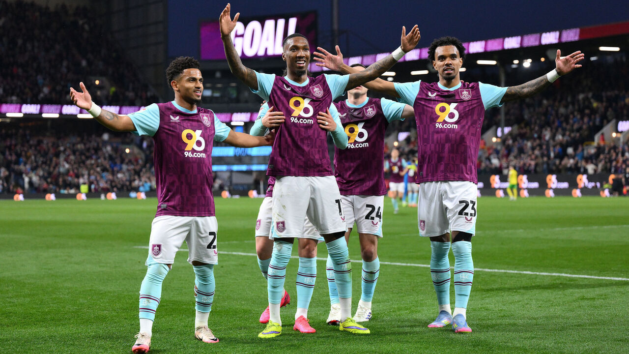 BURNLEY, ENGLAND - APRIL 11: Jaidon Anthony of Burnley celebrates with Marcus Edwards and Lucas Pires after scoring their secon goal during the Sky Bet Championship match between Burnley FC and Norwich City FC at on April 11, 2025 in Burnley, England.