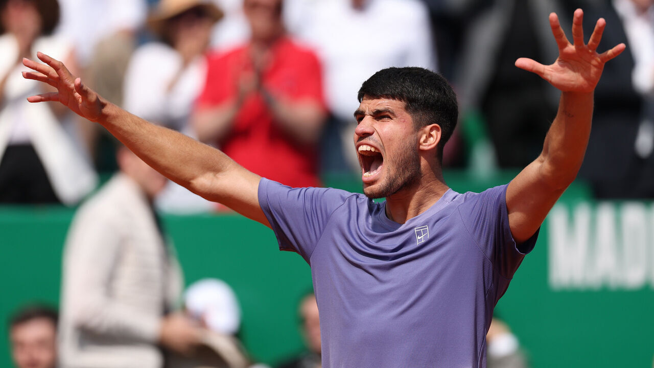 MONTE-CARLO, MONACO - APRIL 11: Carlos Alcaraz of Spain celebrates winning match point against Arthur Fils of France in the Men's Singles Quarterfinal match during day six of the Rolex Monte-Carlo Masters at Monte-Carlo Country Club on April 11, 2025 in Monte-Carlo, Monaco.