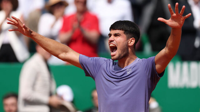 MONTE-CARLO, MONACO - APRIL 11: Carlos Alcaraz of Spain celebrates winning match point against Arthur Fils of France in the Men's Singles Quarterfinal match during day six of the Rolex Monte-Carlo Masters at Monte-Carlo Country Club on April 11, 2025 in Monte-Carlo, Monaco.