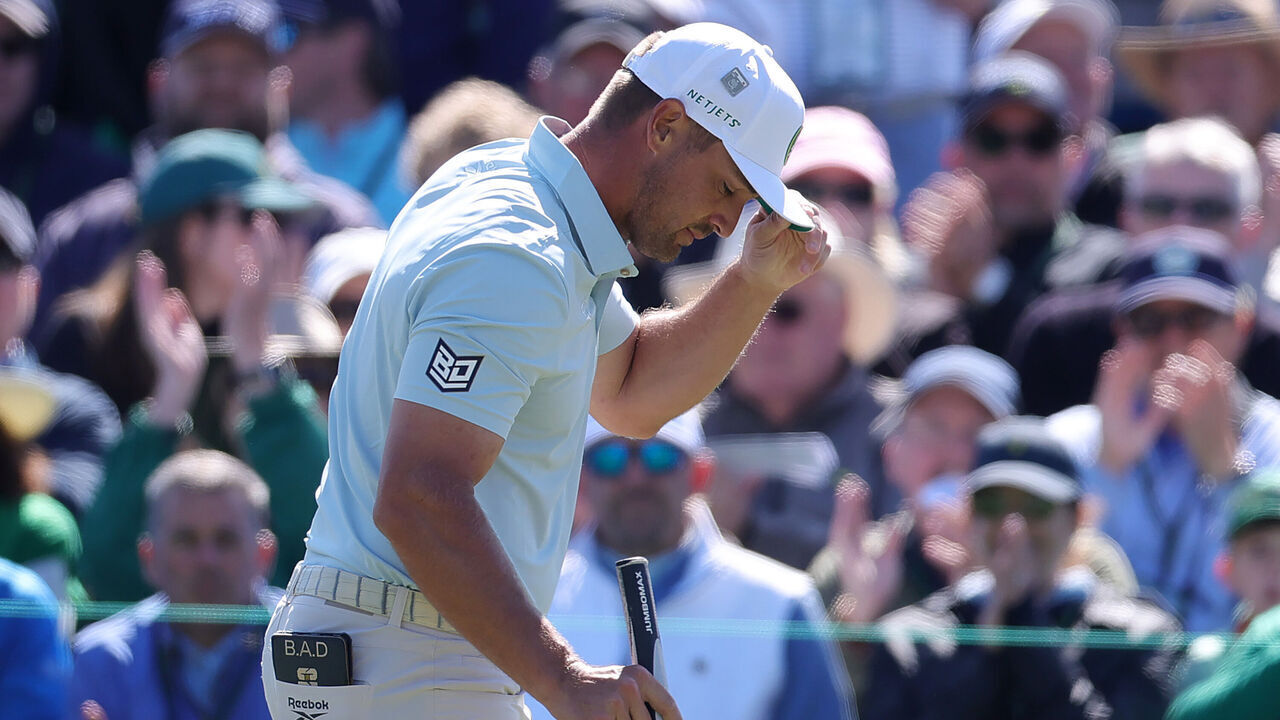 AUGUSTA, GEORGIA - APRIL 11: Bryson DeChambeau of the United States acknowledges the crowd on the second green during the second round of the 2025 Masters Tournament at Augusta National Golf Club on April 11, 2025 in Augusta, Georgia.