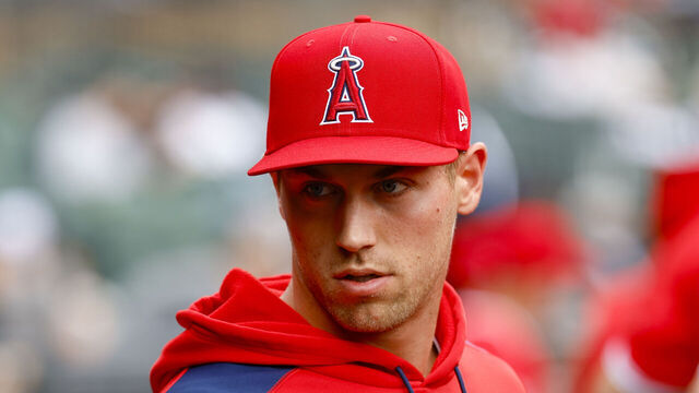 CHICAGO, ILLINOIS - MARCH 30: Ben Joyce #44 of the Los Angeles Angels looks on in the dugout prior to a game against the Chicago White Sox at Rate Field on March 30, 2025 in Chicago, Illinois.