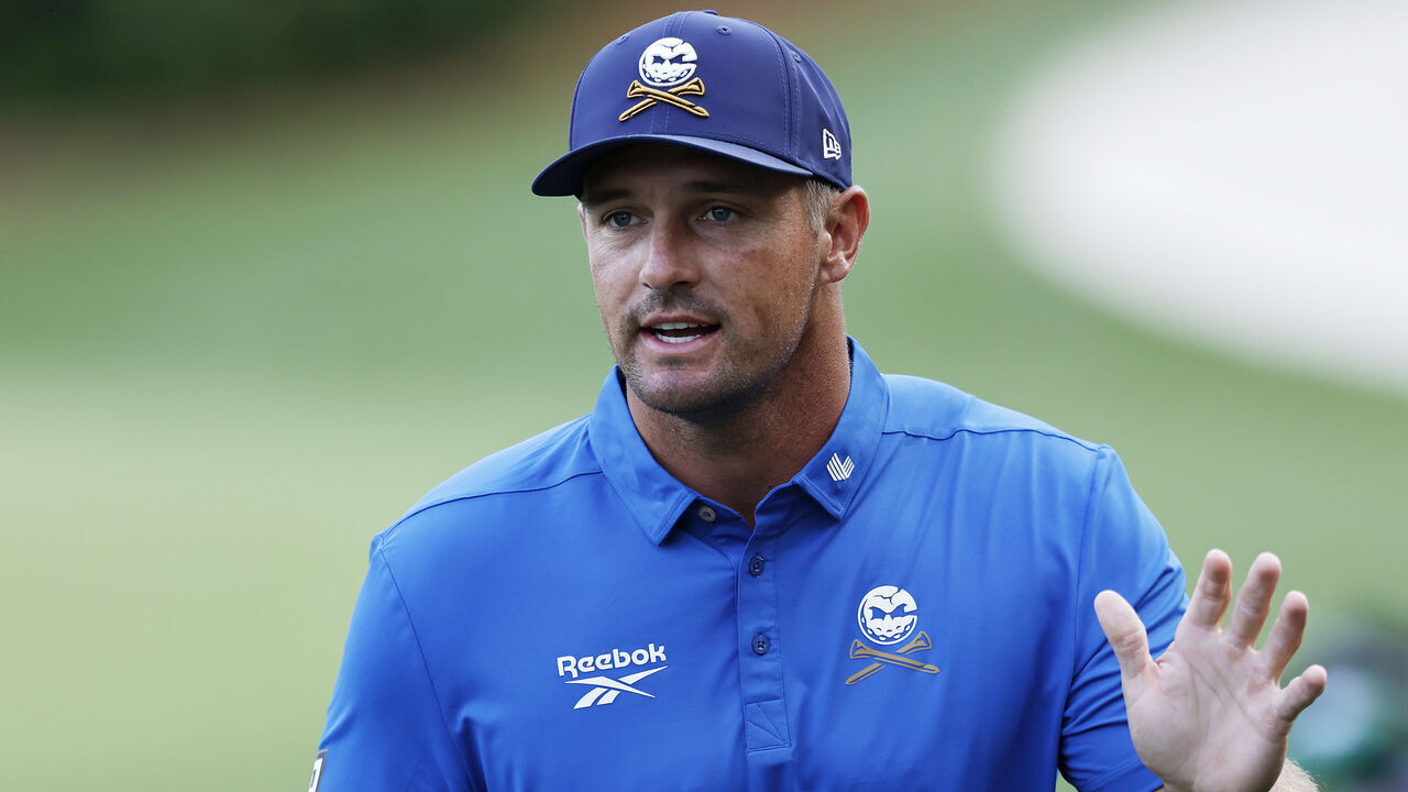 AUGUSTA, GEORGIA - APRIL 10: Bryson DeChambeau of the United States reacts as he approaches the 14th tee during the first round of the 2025 Masters Tournament at Augusta National Golf Club on April 10, 2025 in Augusta, Georgia.