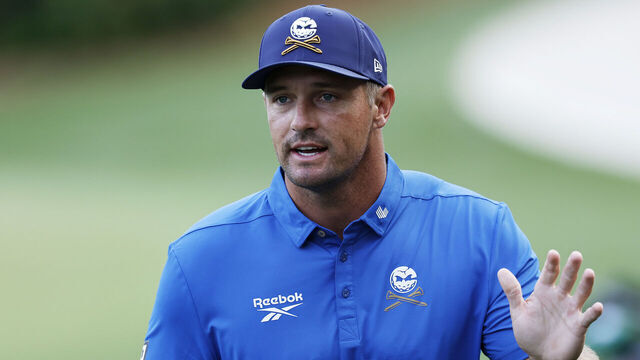 AUGUSTA, GEORGIA - APRIL 10: Bryson DeChambeau of the United States reacts as he approaches the 14th tee during the first round of the 2025 Masters Tournament at Augusta National Golf Club on April 10, 2025 in Augusta, Georgia.
