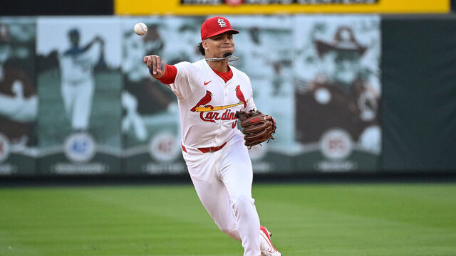ST LOUIS, MISSOURI - MARCH 27: Masyn Winn #0 of the St. Louis Cardinals throws to first base for an out against the Minnesota Twins in the sixth inning on Opening Day at Busch Stadium on March 27, 2025 in St Louis, Missouri.