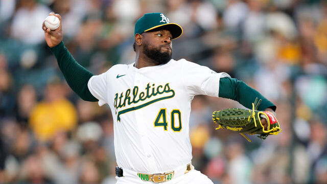 SACRAMENTO, CALIFORNIA - APRIL 7: Luis Severino #40 of the Athletics pitches in the first inning against the San Diego Padres at Sutter Health Park on April 7, 2025 in Sacramento, California.