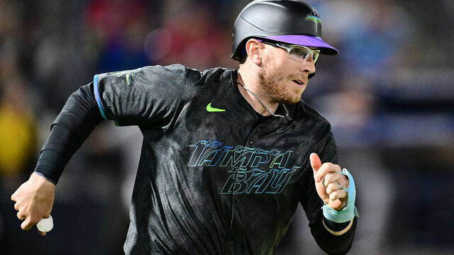 TAMPA, FLORIDA - APRIL 11: Danny Jansen #19 of the Tampa Bay Rays runs to second base after hitting an RBI double in the eighth inning against the Atlanta Braves at George M. Steinbrenner Field on April 11, 2025 in Tampa, Florida.