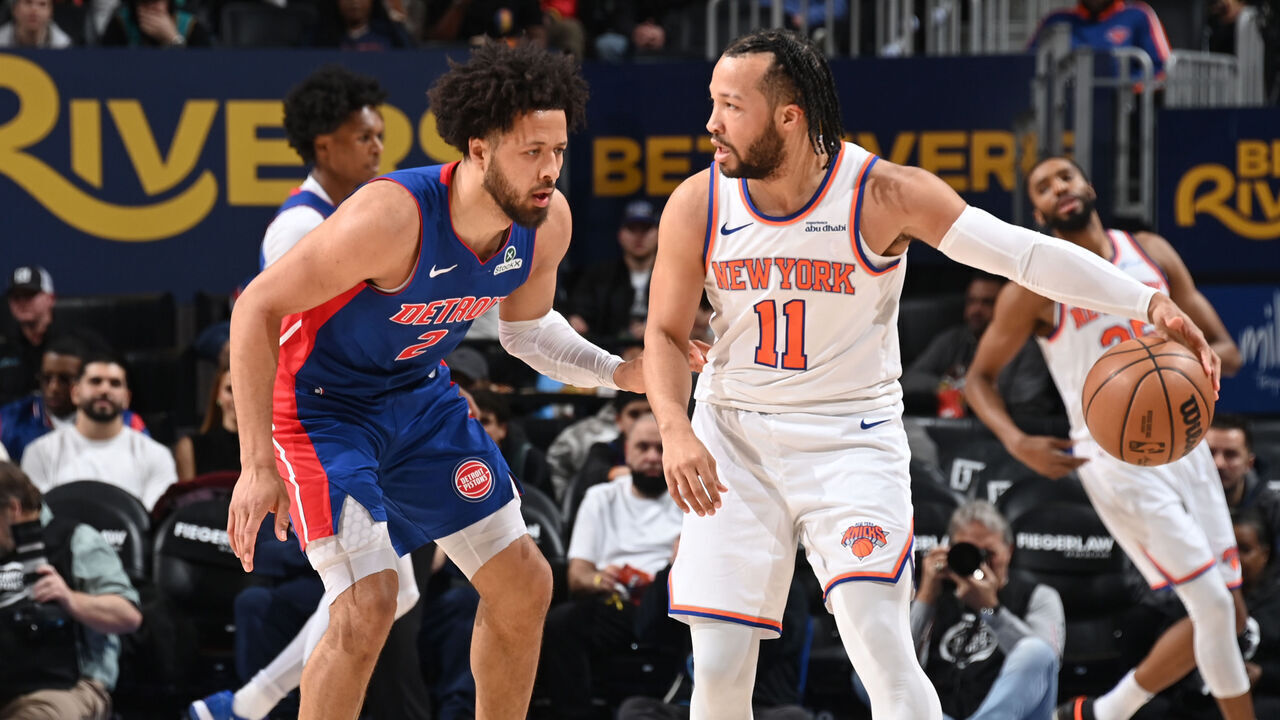 DETROIT, MI - APRIL 10: Cade Cunningham #2 of the Detroit Pistons plays defense during the game against the New York Knicks on April 10, 2025 at Little Caesars Arena in Detroit, Michigan. NOTE TO USER: User expressly acknowledges and agrees that, by downloading and/or using this photograph, User is consenting to the terms and conditions of the Getty Images License Agreement. Mandatory Copyright Notice: Copyright 2025 NBAE