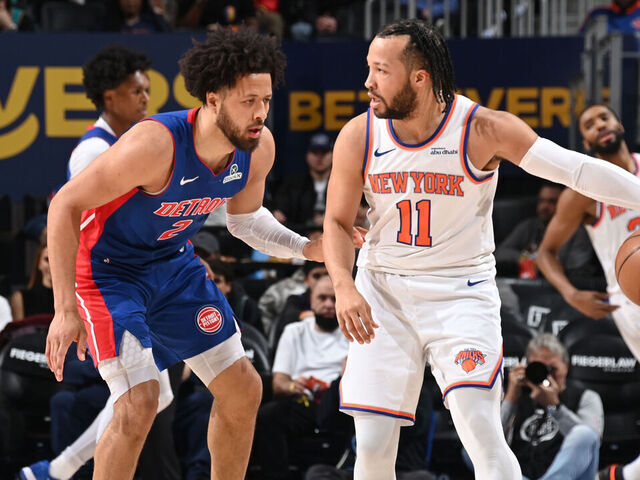 DETROIT, MI - APRIL 10: Cade Cunningham #2 of the Detroit Pistons plays defense during the game against the New York Knicks on April 10, 2025 at Little Caesars Arena in Detroit, Michigan. NOTE TO USER: User expressly acknowledges and agrees that, by downloading and/or using this photograph, User is consenting to the terms and conditions of the Getty Images License Agreement. Mandatory Copyright Notice: Copyright 2025 NBAE