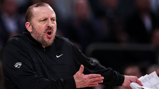 NEW YORK, NEW YORK - APRIL 11: Tom Thibodeau head coach of the New York Knicks reacts during the first quarter of the game against the Cleveland Cavaliers at Madison Square Garden on April 11, 2025 in New York City.