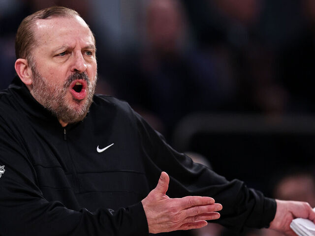 NEW YORK, NEW YORK - APRIL 11: Tom Thibodeau head coach of the New York Knicks reacts during the first quarter of the game against the Cleveland Cavaliers at Madison Square Garden on April 11, 2025 in New York City.