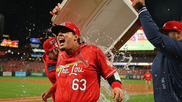 ST LOUIS, MISSOURI - APRIL 11: Teammates dump a cooler on Yohel Pozo #63 of the St. Louis Cardinals during his post-game interview after beating the Philadelphia Phillies at Busch Stadium on April 11, 2025 in St Louis, Missouri.