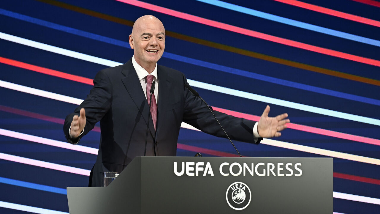 BELGRADE, SERBIA - APRIL 03: FIFA President Gianni Infantino speaks during the 49th Ordinary UEFA Congress at Sava Centar on April 03, 2025 in Belgrade, Serbia.
